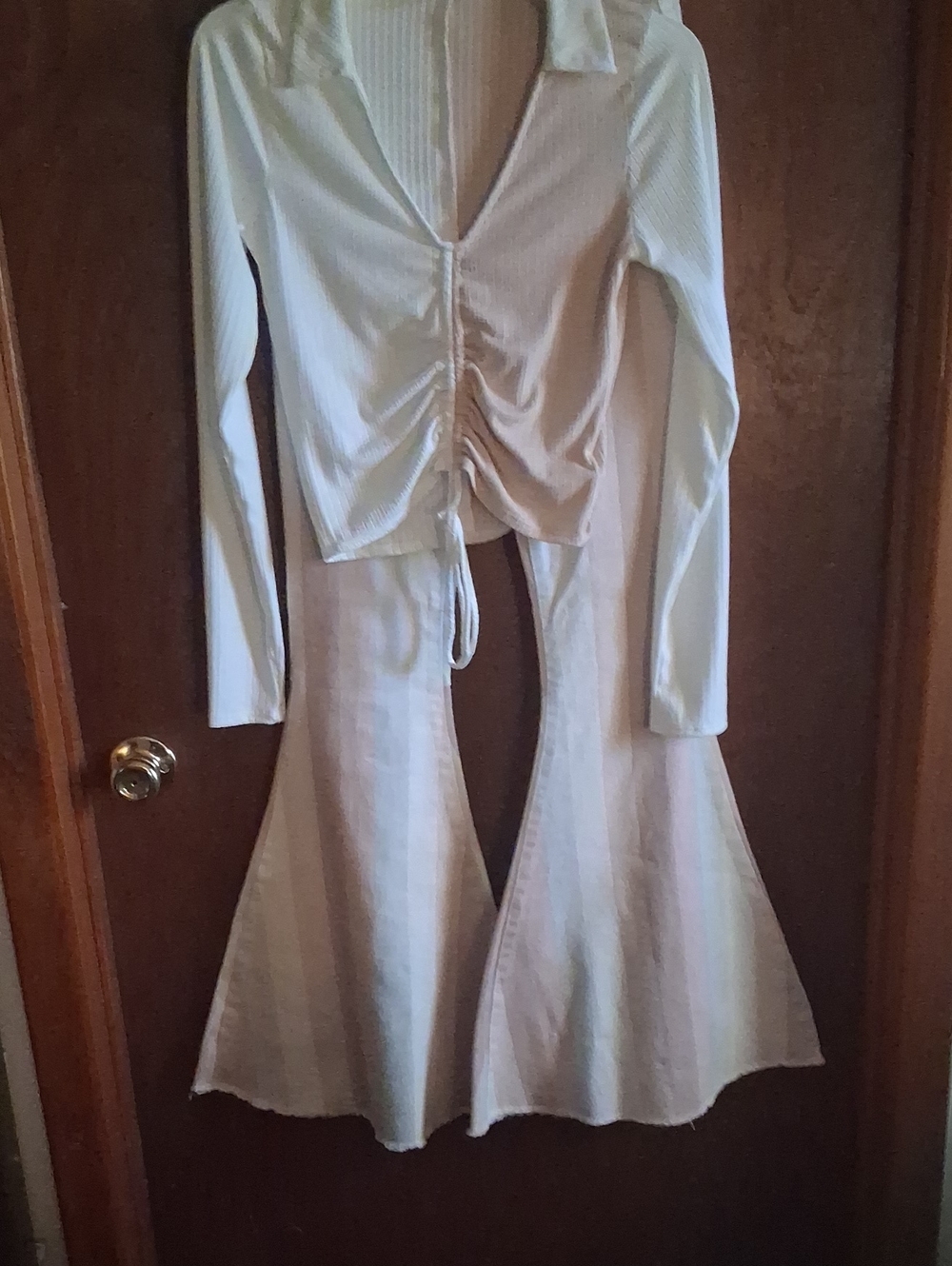 Peach Love California Cream Ribbed Drawstring Top with Flared Pants Set